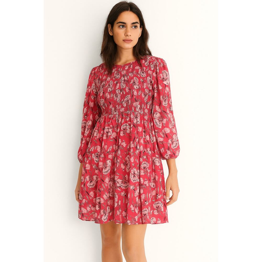 Eliane Rose Floral Print Smocked Long Sleeve Dress Red M